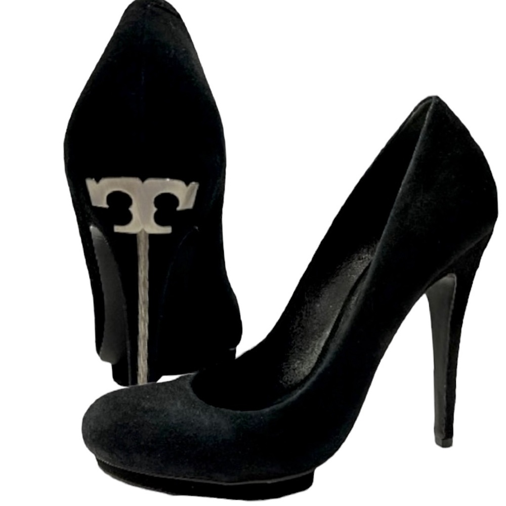 Tory Burch Jude Suede Leather Platform Stiletto Heels Black Sz 10 T Logo